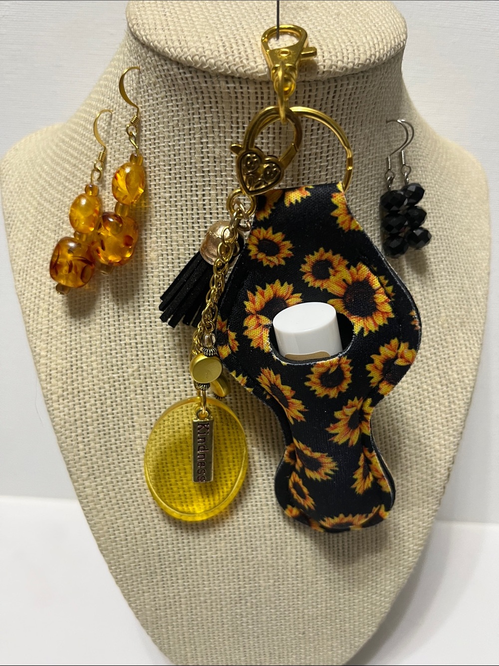 Sunflower Print Lip balm Detachable Keychain Gold Charm 2 pr Earrings